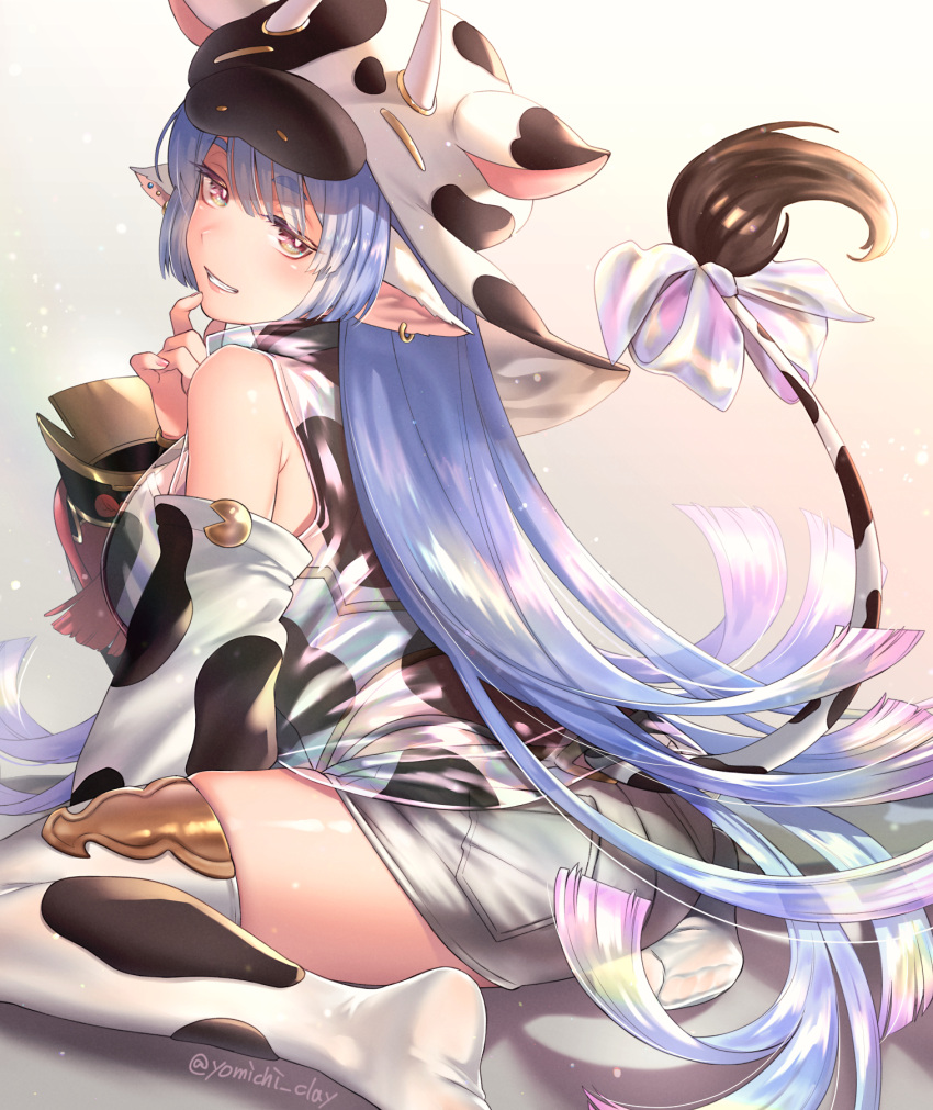 1girl, animal_print, blue_hair, breasts, cow_print, cow_tail, detached_sleeves, draph, from_behind, granblue_fantasy, hat, highres, horns, large_breasts, long_hair, pointy_ears, shatola_(granblue_fantasy), shorts, tail, thigh-highs, twitter_username, yomichi_clay