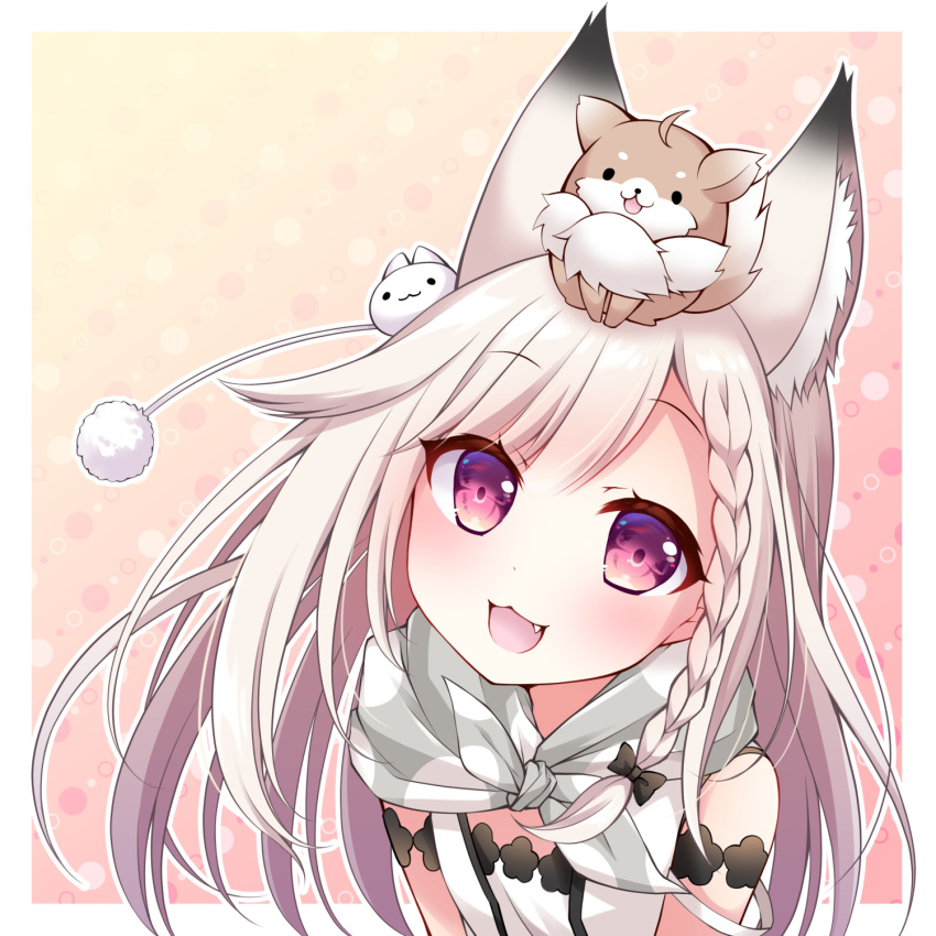 1girl, :3, :d, animal_ear_fluff, animal_ears, animal_on_head, animare, braid