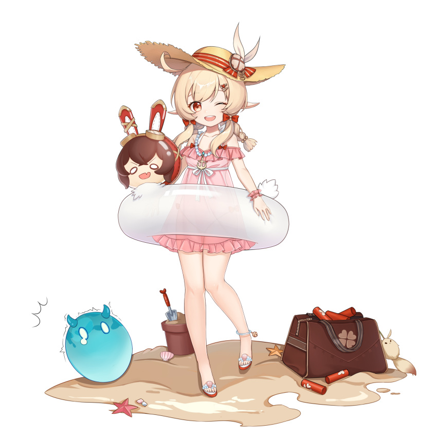 1girl, :d, ;d, ahoge, alternate_hairstyle, anklet, bag, bangs