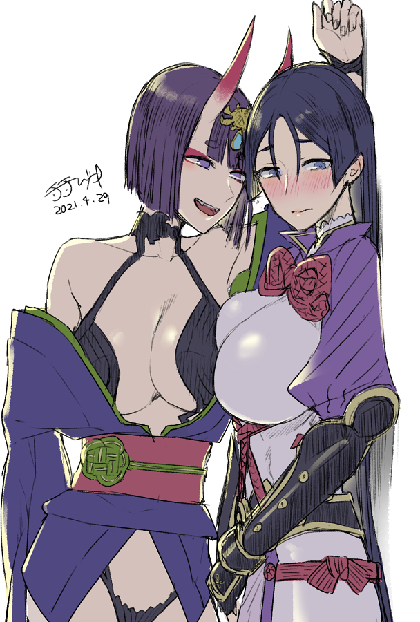 2girls, against_wall, alternate_breast_size, asymmetrical_docking, bangs, black_fundoshi, blush, bob_cut