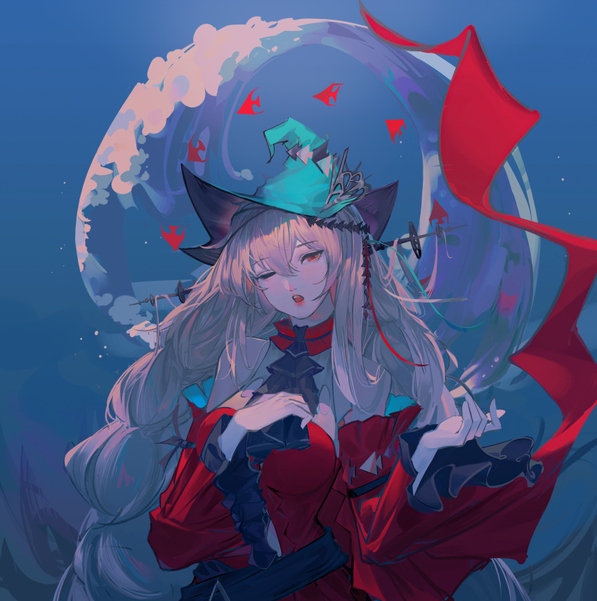 1girl, :o, absurdres, aqua_headwear, arknights, ascot, bangs, bare_shoulders