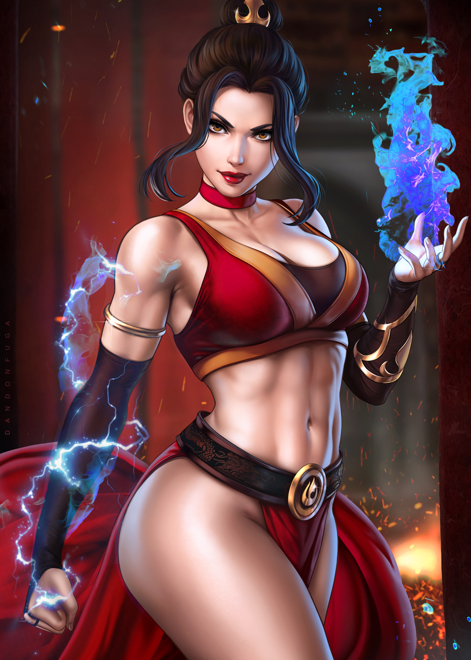 1girl, abs, avatar:_the_last_airbender, avatar_legends, azula, bare_shoulders, blue_fire, breasts