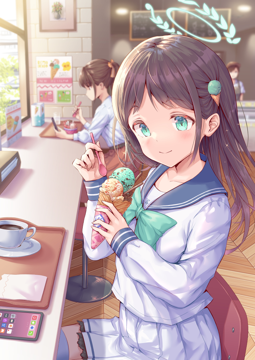 3girls, airi_(blue_archive), aqua_bow, aqua_eyes, bangs, bar_stool, black_hair, blue_archive