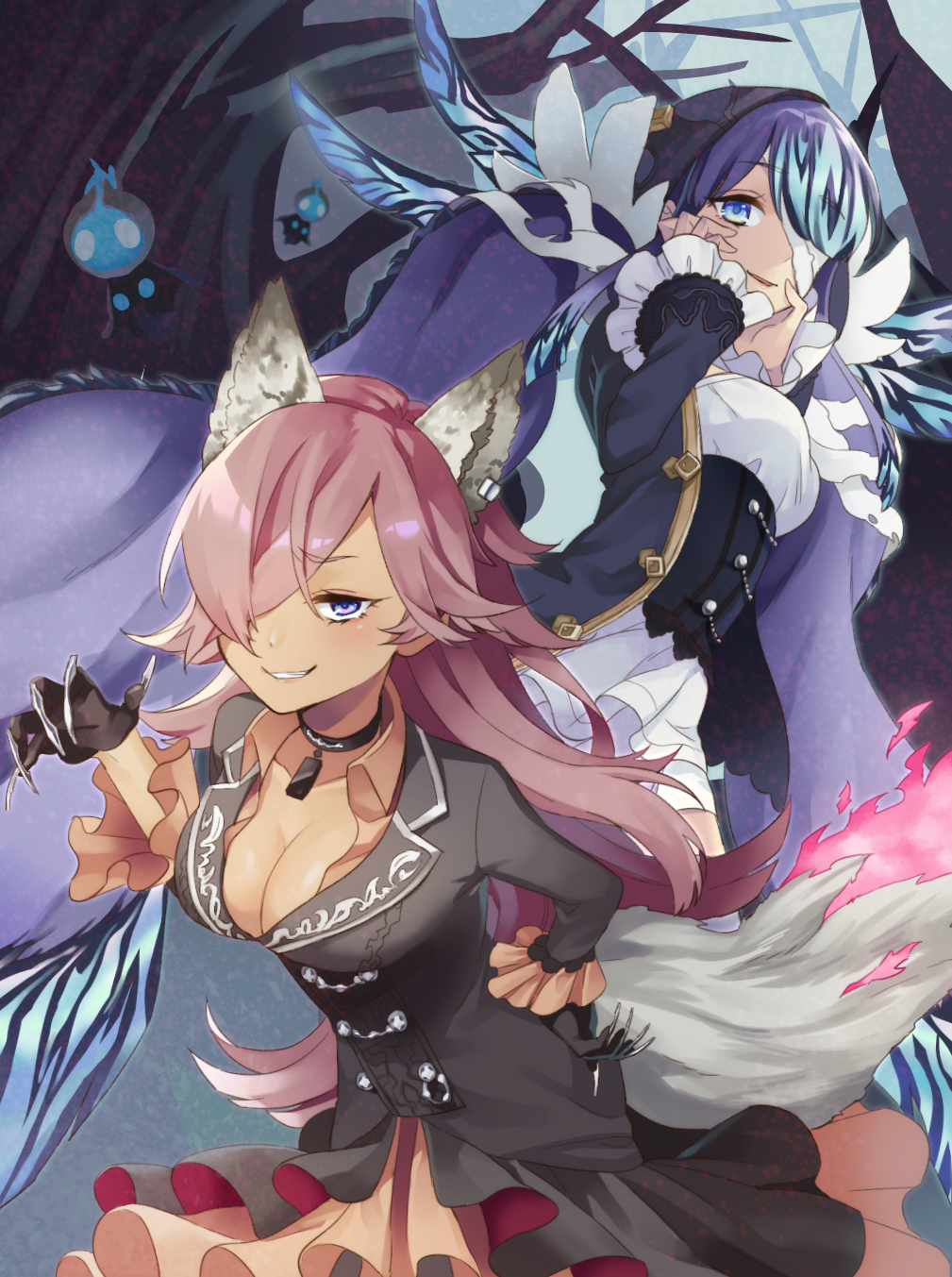 2girls, animal_ears, bandage_over_one_eye, bandages, black_gloves, blue_eyes, blue_hair, choker, cinderella_(sinoalice), claws, dark_skin, dark-skinned_female, dress, fins, gloves, grin, hair_ornament, hair_over_one_eye, halloween, halloween_costume, hands_on_own_face, highres, hood, hood_up, jacket, long_hair, long_sleeves, looking_at_viewer, multiple_girls, night, ningyo_hime_(sinoalice), pink_hair, sinoalice, skirt, smile, tail, tree, twintails, violet_eyes, wolf_ears, wolf_tail, yuna726