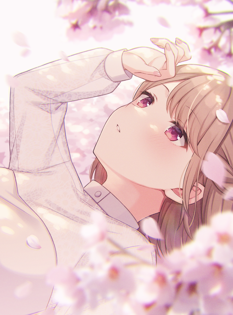 1girl, arm_up, bangs, blurry, blurry_background, blurry_foreground, blush, brown_hair, commentary_request, depth_of_field, eyebrows_visible_through_hair, flower, looking_away, lying, on_back, original, parted_lips, petals, pink_flower, red_eyes, shiromikan, shirt, solo, upper_body, white_shirt