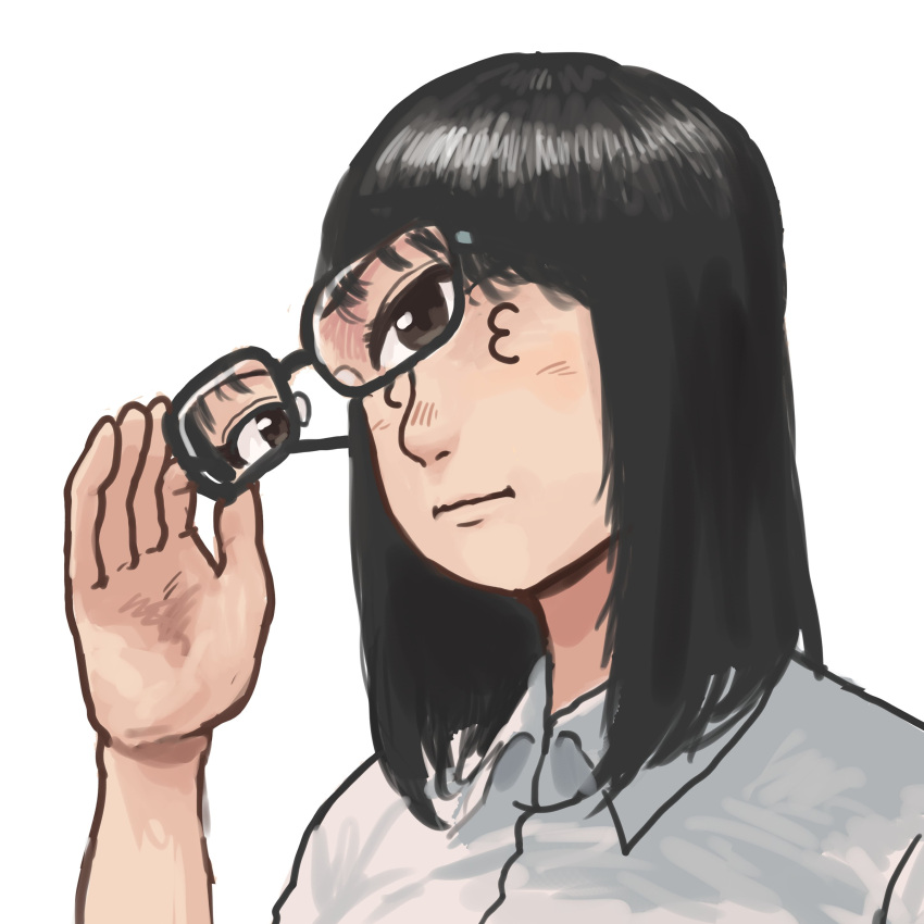 1girl, 3_3, absurdres, black-framed_eyewear, black_hair, brown_eyes, chanta_(ayatakaoisii), closed_mouth