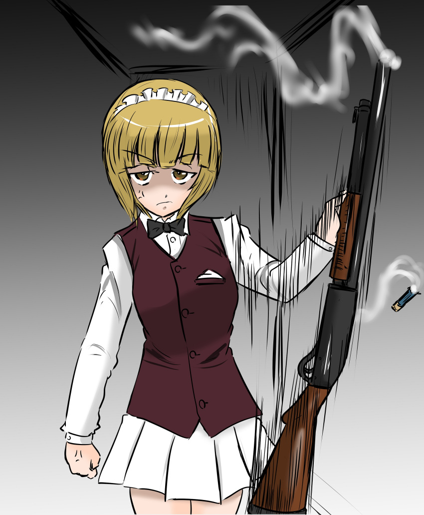 1girl, absurdres, anger_vein, bangs, bartender, black_neckwear, blonde_hair, blunt_bangs