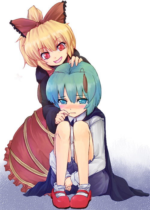 2girls, blonde_hair, blue_eyes, bow, cape, frown, green_hair, hair_bow