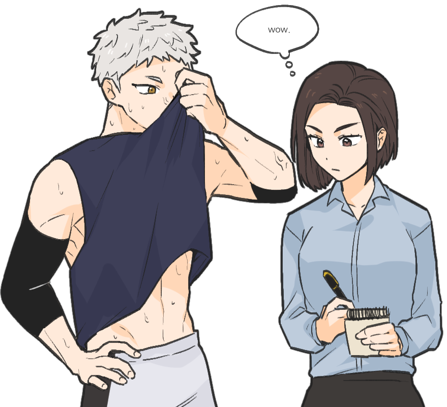 1boy, 1girl, abs, age_difference, blue_shirt, breasts, brown_eyes, brown_hair, clothes_pull, collared_shirt, dress_shirt, elbow_pads, enaga_fumi, eyebrows, eyelashes, formal, gumo_hq, haikyuu!!, holding, holding_notepad, holding_pen, hoshiumi_kourai, long_sleeves, looking_at_another, notepad, pen, shirt, short_hair, simple_background, sleeveless, sportswear, standing, straight_hair, sweat, thought_bubble, toned, toned_male, upper_body, veins, white_background, white_hair