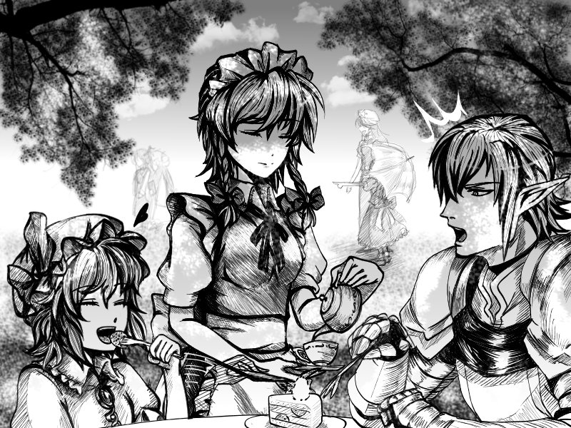 cake, crossover, final_fantasy, final_fantasy_xi, final_tatsuya, flandre_scarlet, food, hong_meiling