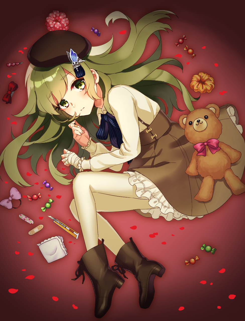 1boy, bandaged_hands, bandages, bandaid, beret, blush, bow, closed_mouth