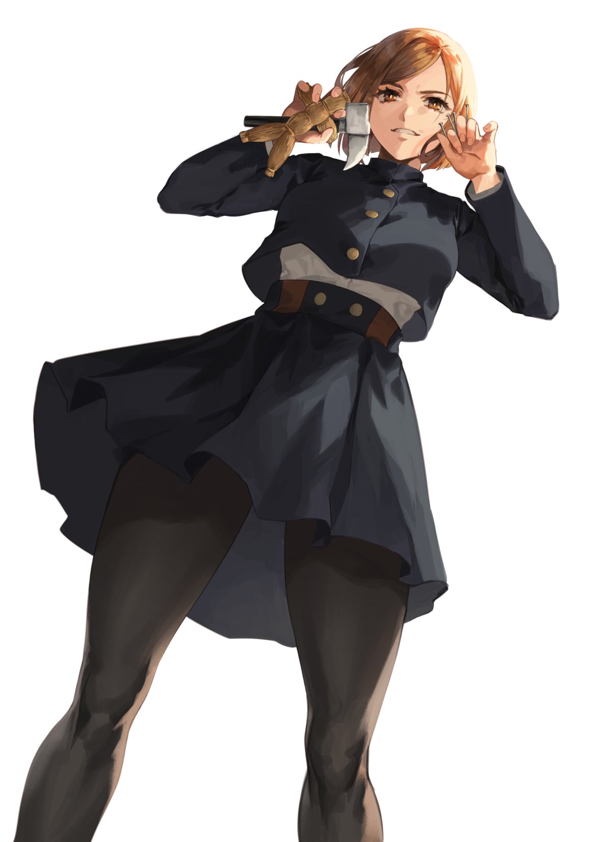 1girl, between_fingers, black_legwear, blue_jacket, blue_skirt, brown_eyes, brown_hair, buttons