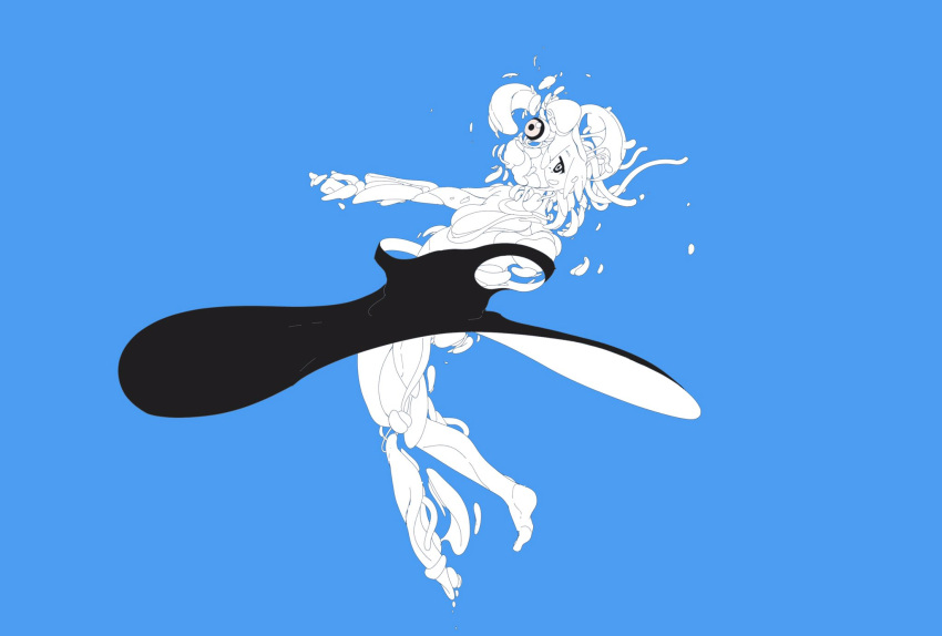 1girl, black_dress, blue_background, disintegration, dissolving, dress, eyeball, floating_clothes