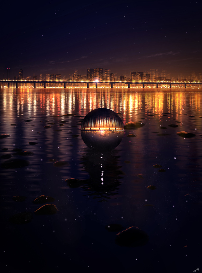 absurdres, bridge, building, city, city_lights, cityscape, clouds, commentary_request, glass, highres, night, night_sky, no_humans, original, reflection, rock, scenery, signature, sky, skyline, skyrick9413, skyscraper, star_(sky), viaduct