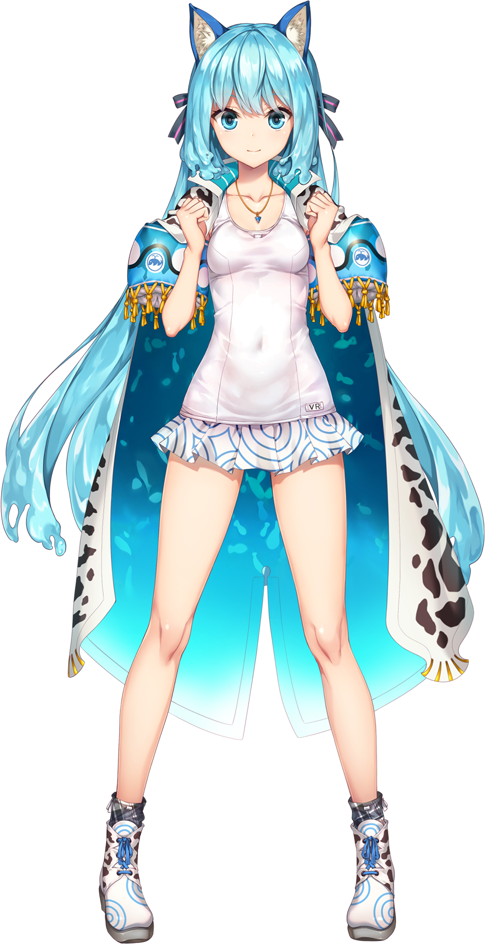 1girl, animal_ear_fluff, animal_ears, bare_legs, blue_eyes, blue_hair, breasts, cape