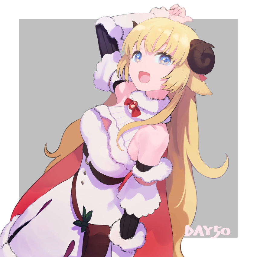 1girl, :d, ahoge, animal_ears, arms_up, bare_shoulders, belt_pouch, blonde_hair