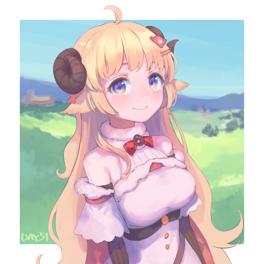 1girl, ahoge, animal_ears, bare_shoulders, belt_pouch, blonde_hair, blush, bow