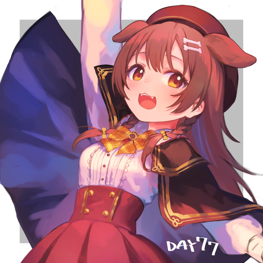 1girl, :3, :d, absurdres, animal_ears, arm_up, bangs, bone_hair_ornament, bow, bowtie, braid, brown_cape, brown_eyes, brown_hair, buttons, cape, center_frills, dog_ears, fangs, frills, hair_between_eyes, hair_ornament, hairclip, hatomugi_seika, high-waist_skirt, highres, hololive, inugami_korone, long_hair, looking_at_viewer, open_mouth, red_skirt, shirt, side_braids, skirt, smile, solo, twin_braids, virtual_youtuber, white_shirt, yellow_neckwear