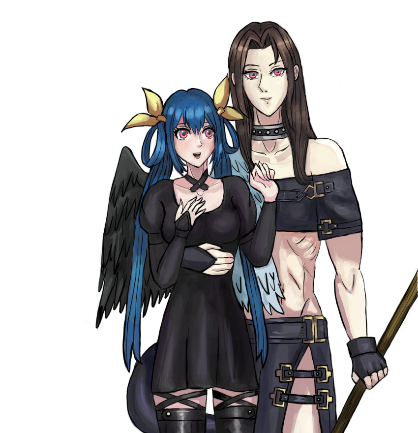 1boy, 1girl, abs, black_dress, black_hair, blue_hair, dizzy_(guilty_gear), guilty_gear