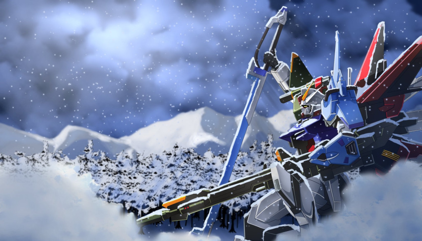 forest, from_side, gundam, gundam_seed, highres, holding, holding_sword, holding_weapon