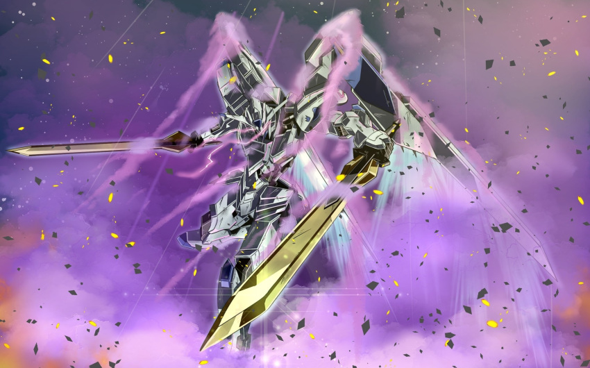 dual_wielding, glowing, glowing_eyes, gundam, gundam_bael, gundam_tekketsu_no_orphans, highres, holding