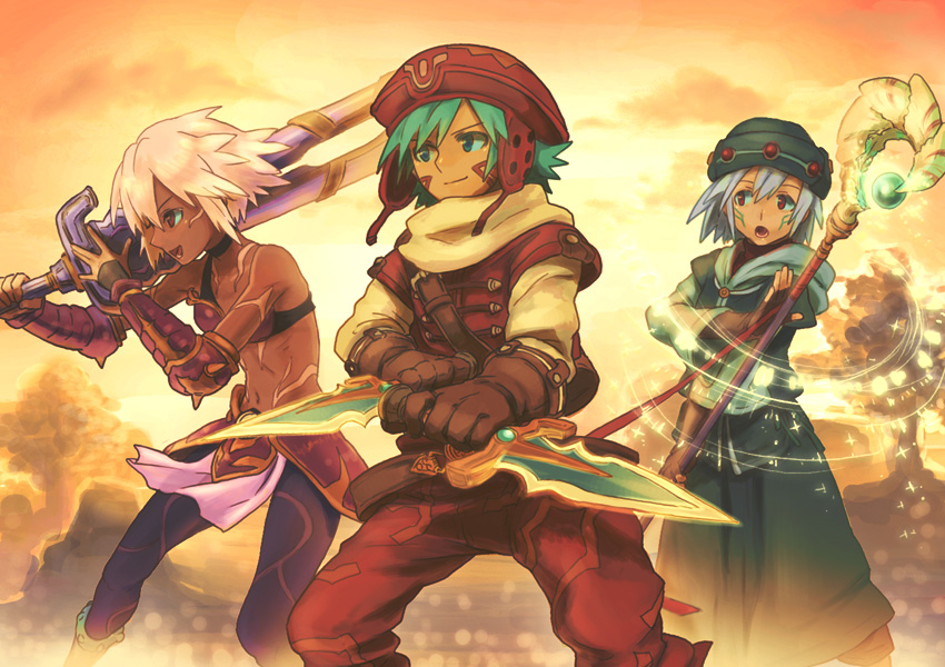 .hack//, .hack//games, 1girl, 2boys, armor, bikini_armor, black_rose_(.hack//), blue_eyes