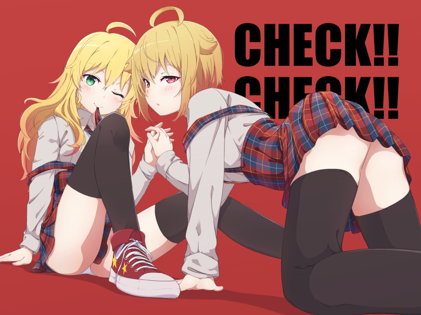 2girls, :o, ahoge, arm_support, bangs, black_legwear, blonde_hair, blush