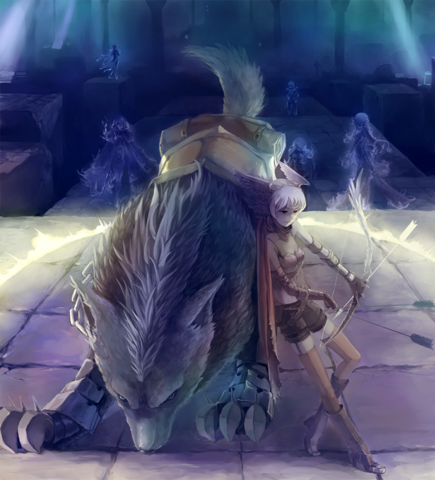 2boys, 4girls, armor, arrow_(projectile), assassin_cross_(ragnarok_online), aura, bangs, bio_lab