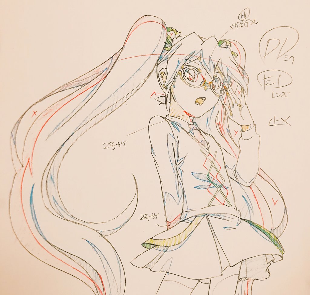 1girl, :o, aono_yuka, collared_shirt, color_trace, floating_hair, glasses, hatsune_miku_(shinkalion)