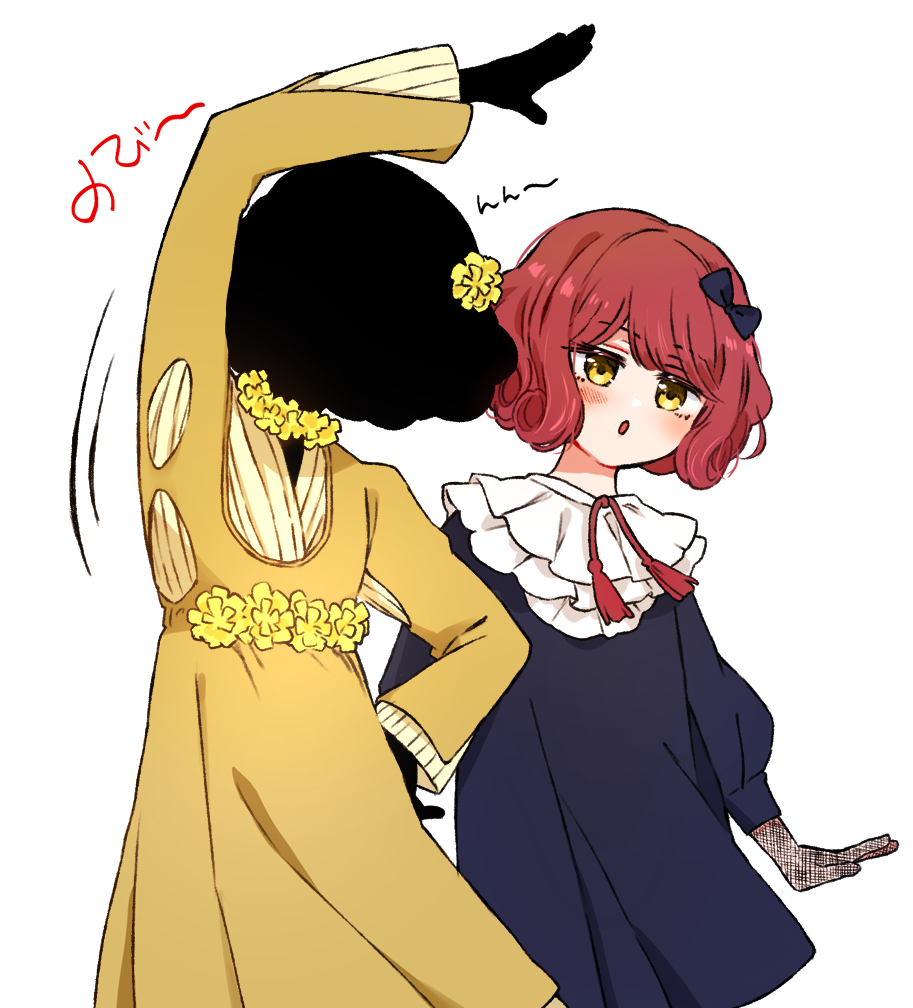 2girls, :o, arm_up, blue_dress, cowboy_shot, dress, flower, hair_flower