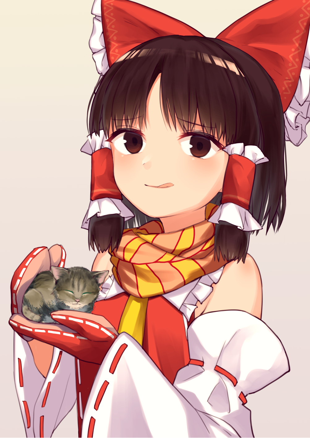 1girl, :q, animal, bangs, benikurage_(cookie), blush, bow, brown_eyes, brown_hair, cat, commentary, cookie_(touhou), detached_sleeves, eyebrows_visible_through_hair, frilled_bow, frilled_hair_tubes, frilled_shirt_collar, frills, gloves, grey_background, hair_bow, hair_tubes, hakurei_reimu, highres, holding, holding_animal, holding_cat, kitten, konfu_nodashino_bubun, licking_lips, looking_at_viewer, mittens, nontraditional_miko, orange_scarf, parted_bangs, red_bow, red_gloves, red_shirt, ribbon-trimmed_sleeves, ribbon_trim, scarf, shirt, short_hair, simple_background, sleeveless, sleeveless_shirt, solo, striped, striped_scarf, tongue, tongue_out, touhou, upper_body, white_sleeves, yellow_scarf
