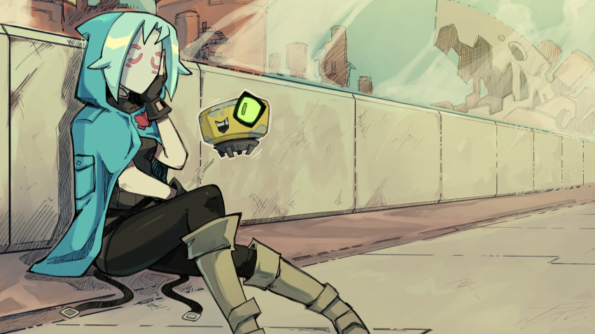 1girl, 1other, absurdres, against_wall, black_gloves, black_legwear, black_shirt, blue_cloak