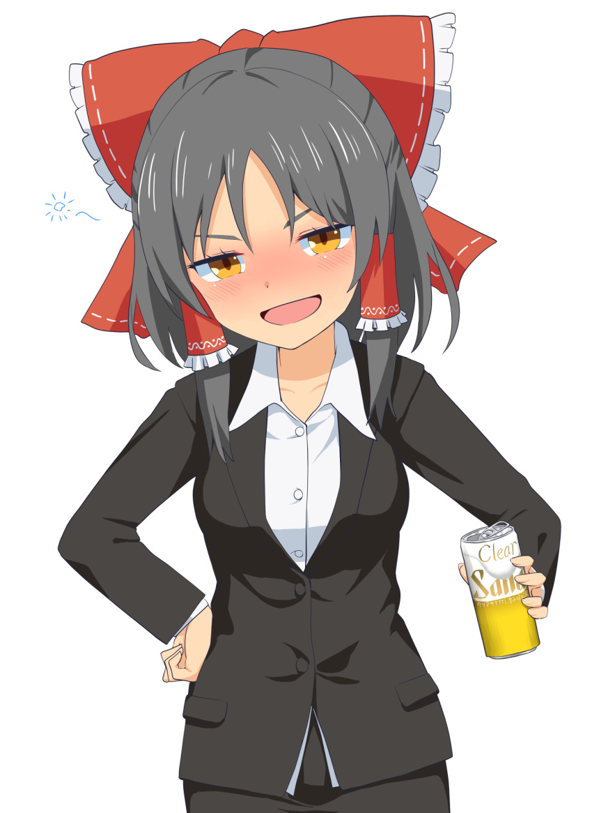 1girl, bangs, beer_can, black_hair, black_jacket, black_skirt, blazer, blush