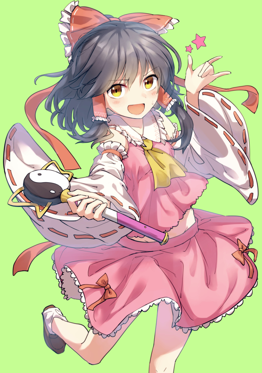 1girl, :d, bangs, black_hair, blush, bow, bow_skirt, breasts