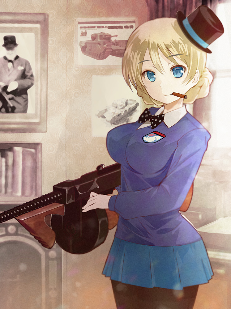 1girl, black_legwear, blonde_hair, blue_eyes, blue_skirt, blue_sweater, bow, bowtie