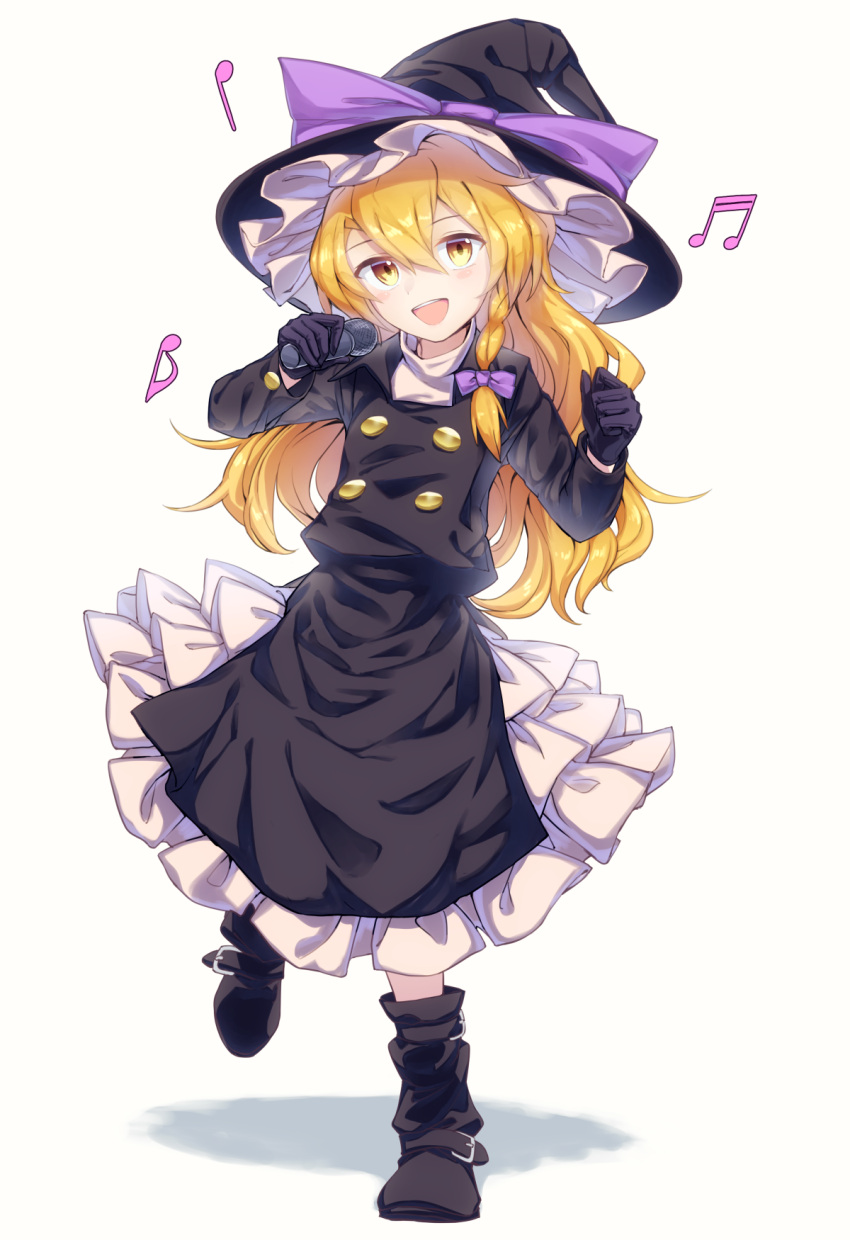 1girl, :d, bangs, beamed_sixteenth_notes, black_footwear, black_gloves, black_headwear, black_jacket