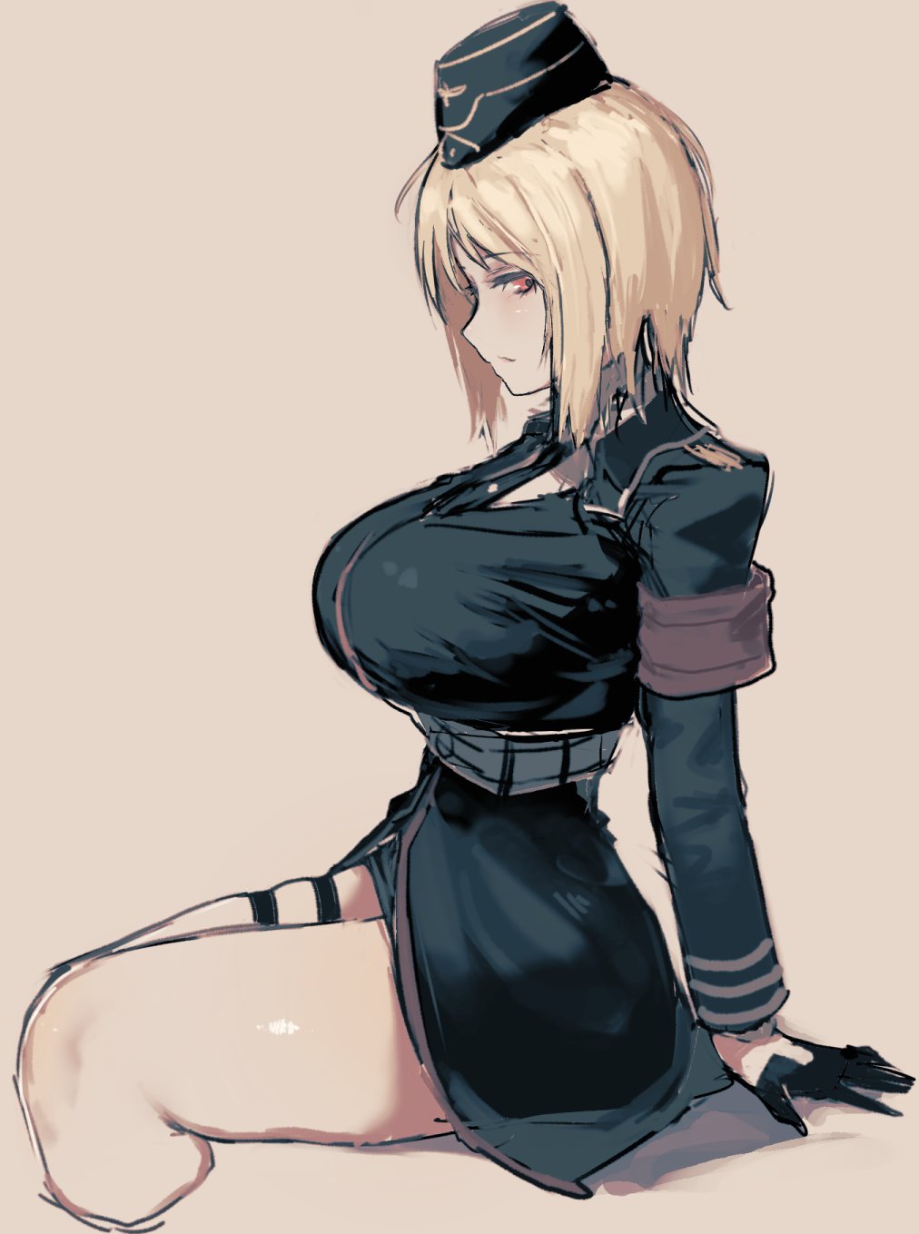 1girl, akitaka_takaaki, arm_support, armband, blonde_hair, breasts, cropped_legs, garrison_cap