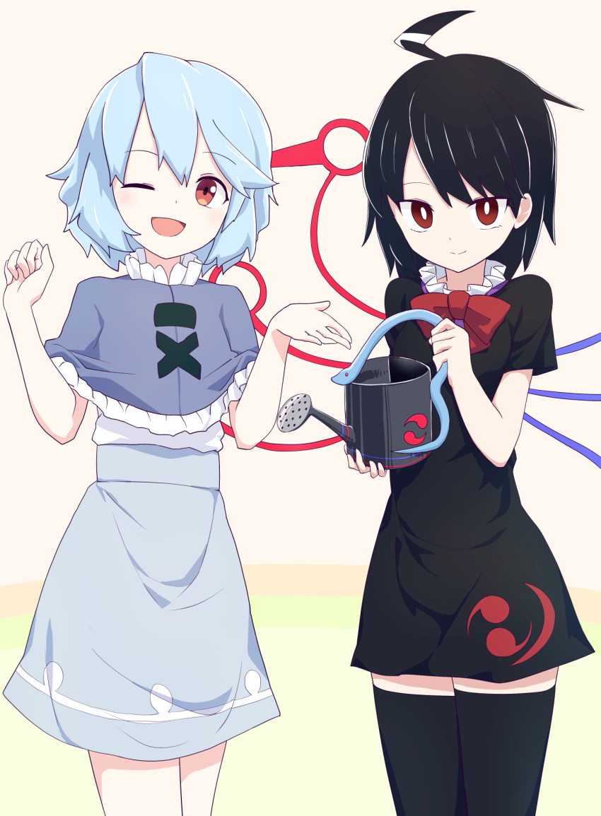 2girls, ;d, asymmetrical_wings, bangs, black_dress, black_hair, black_legwear, blue_capelet