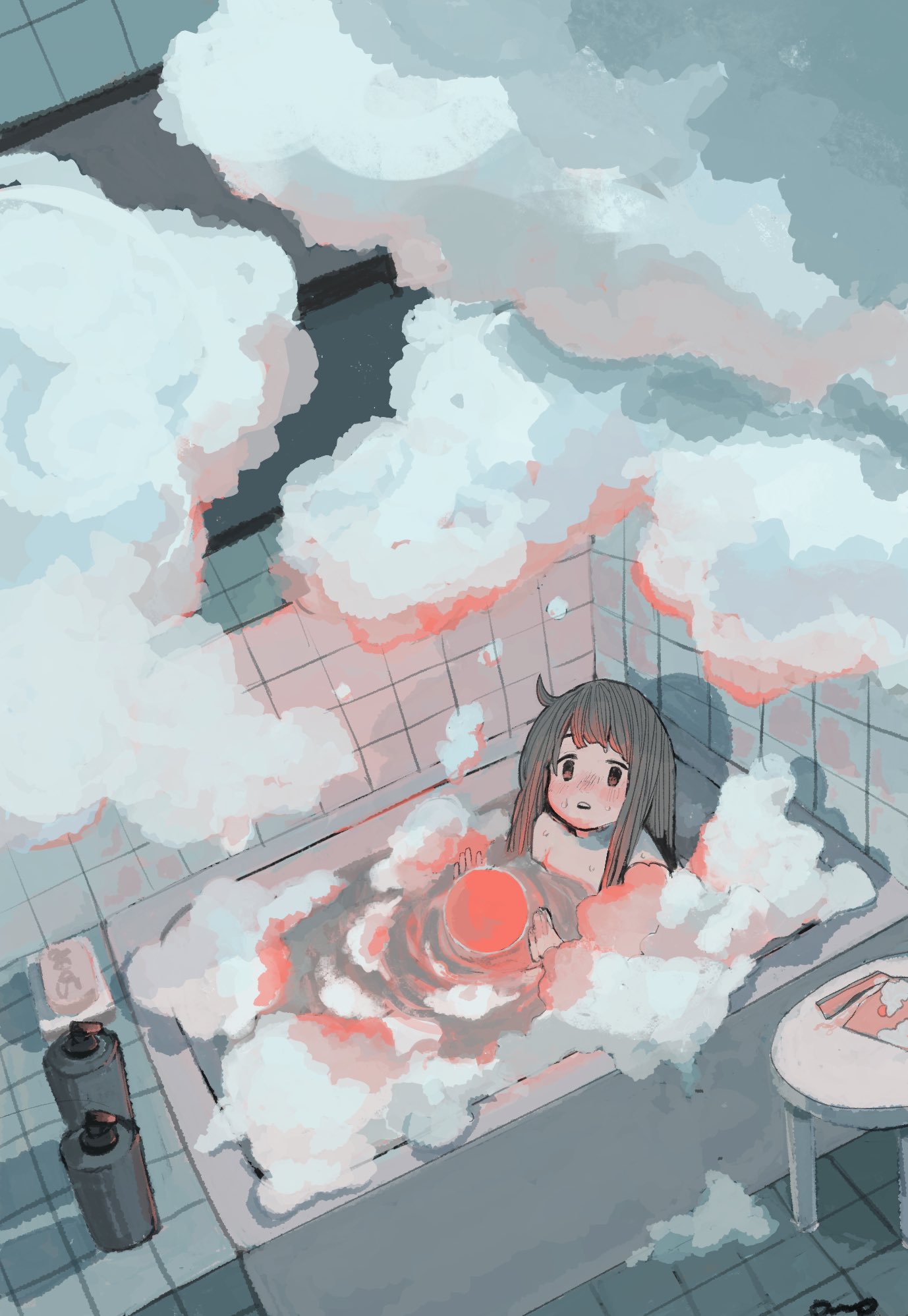 1girl, bathtub, blush, brown_hair, clouds, glowing, highres, long_hair