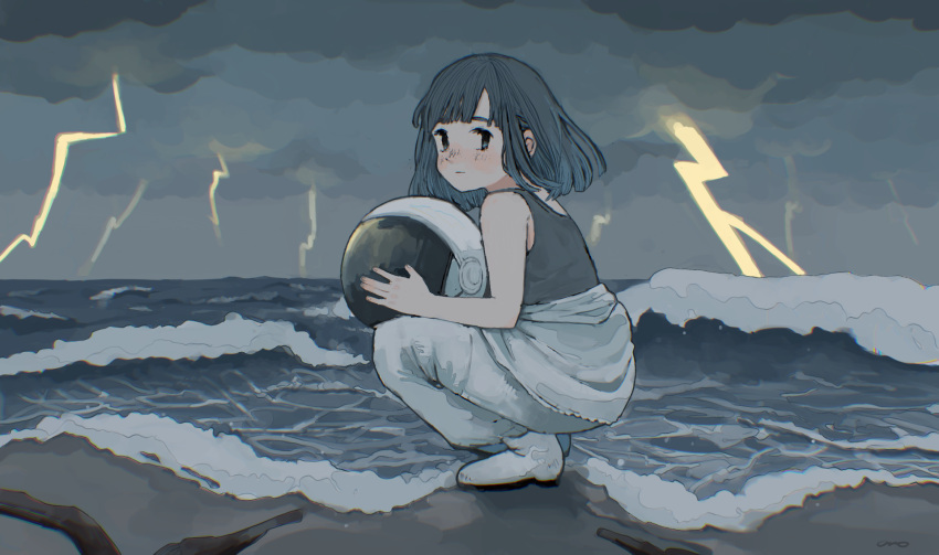 1girl, black_hair, boots, clouds, helmet, highres, holding, holding_helmet