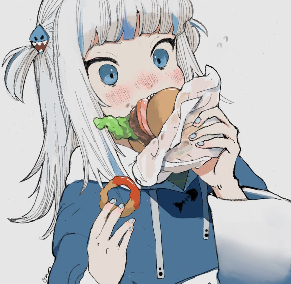 1girl, bangs, blue_eyes, blush, burger, drawstring, eating, food