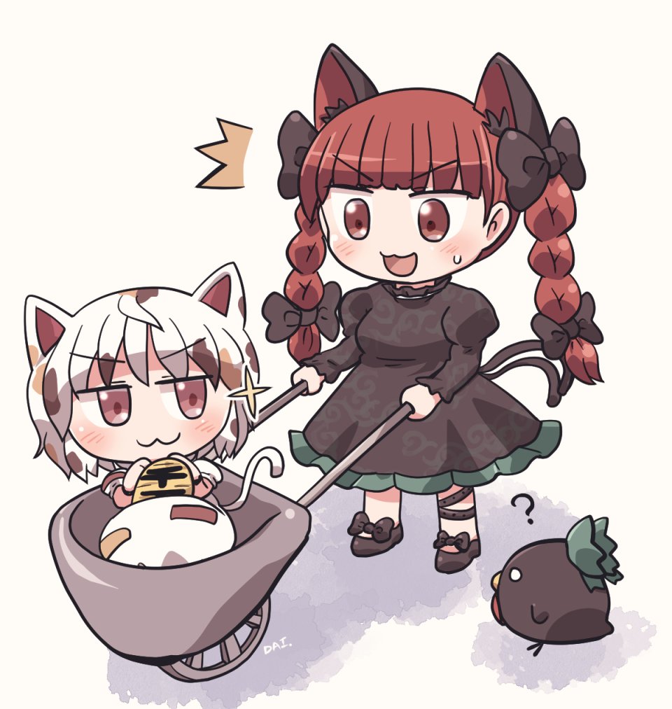 3girls, :3, :d, ?, animal_ears, bangs, black_bow, black_dress, black_footwear, black_ribbon, black_tail, blunt_bangs, bow, braid, brown_hair, calico, cat_ears, cat_tail, closed_mouth, coin, dress, extra_ears, eyebrows_visible_through_hair, footwear_bow, full_body, goutokuji_mike, hair_bow, holding, juliet_sleeves, kaenbyou_rin, leg_ribbon, long_hair, long_sleeves, looking_at_another, maneki-neko, multicolored, multicolored_clothes, multicolored_hair, multicolored_shirt, multicolored_skirt, multicolored_tail, multiple_girls, multiple_tails, nekomata, open_mouth, orange_hair, puffy_sleeves, red_eyes, reiuji_utsuho, reiuji_utsuho_(bird), ribbon, rokugou_daisuke, short_hair, short_sleeves, side_braids, signature, simple_background, sitting, skirt, smile, solid_circle_eyes, standing, streaked_hair, sweatdrop, tail, touhou, twin_braids, two_tails, v-shaped_eyebrows, wheelbarrow, white_background, white_hair
