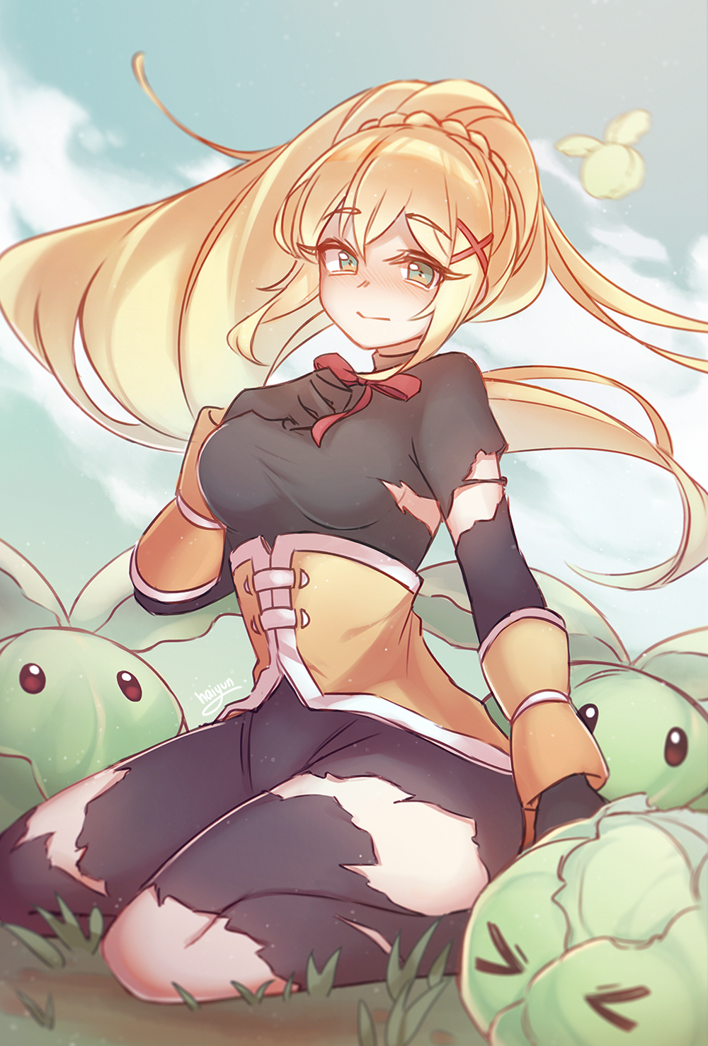 >_<, 1girl, bangs, blonde_hair, blush, breasts, cabbage, darkness_(konosuba)