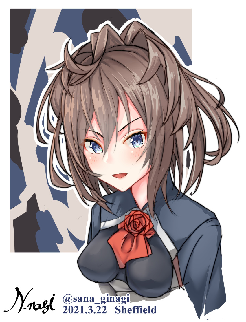 1girl, absurdres, artist_name, ascot, blue_eyes, breasts, brown_hair, character_name