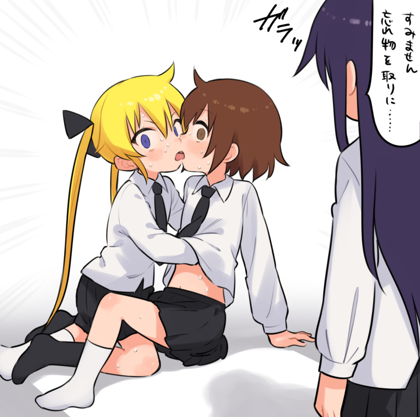 3girls, black_legwear, blonde_hair, blue_eyes, blush, brown_eyes, brown_hair, caught
