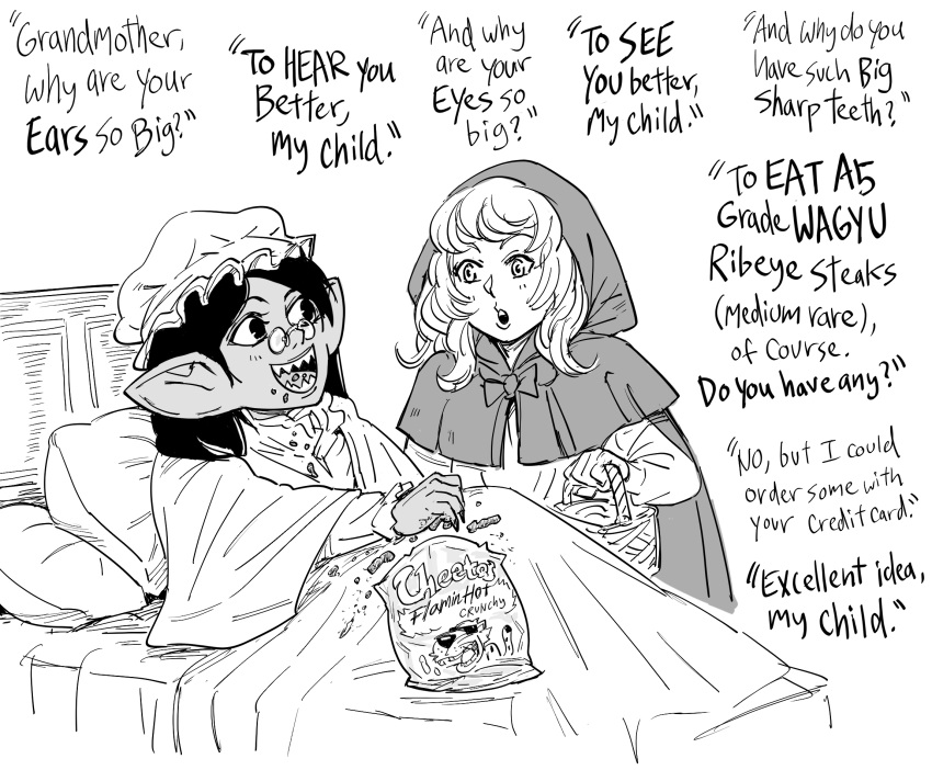 2girls, :d, basket, bb_(baalbuddy), cape, cheetos, chester_cheetah, commentary