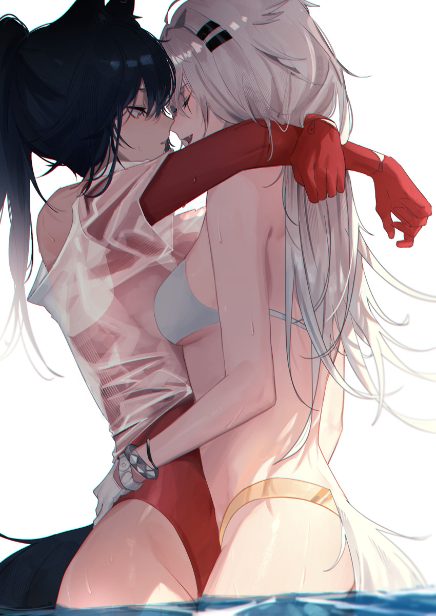 2girls, 3o_c, animal_ears, arknights, bare_shoulders, bikini, black_hair, blue_bikini