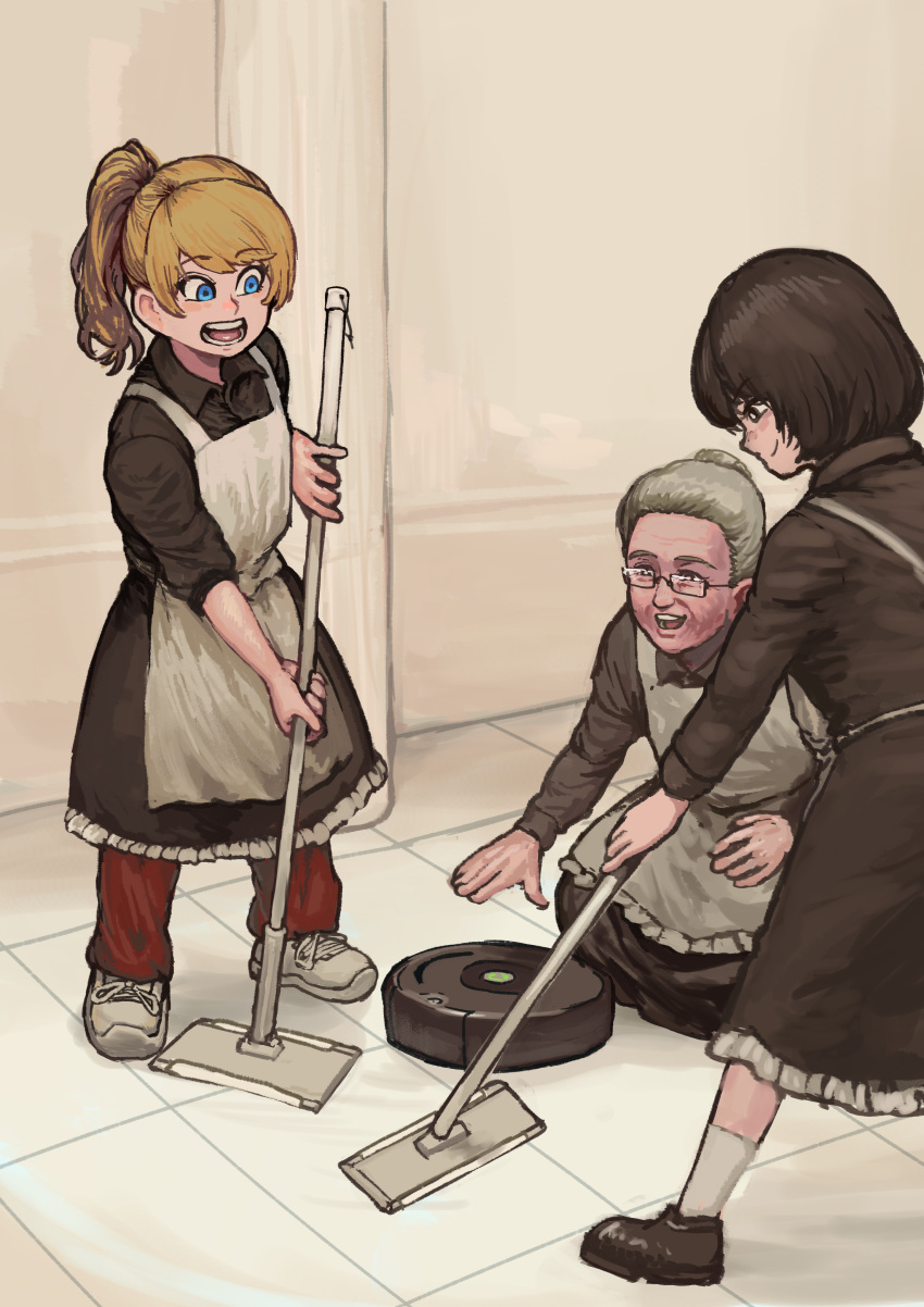 3girls, :d, absurdres, black_dress, black_footwear, black_hair, blonde_hair, blue_eyes