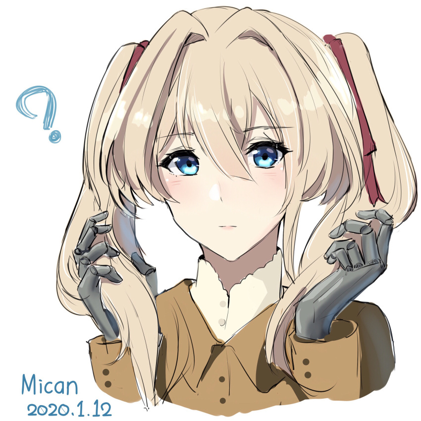 1girl, ?, alternate_hairstyle, artist_name, blonde_hair, blue_eyes, brown_jacket, chinese_commentary