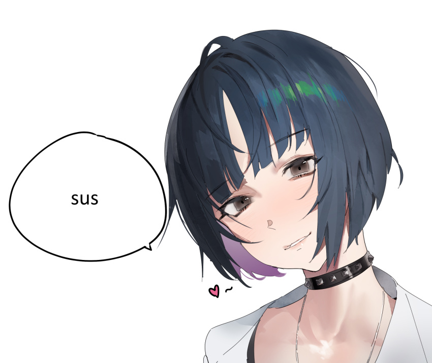 1girl, among_us, black_choker, black_hair, bob_cut, brown_eyes, choker, colored_inner_hair